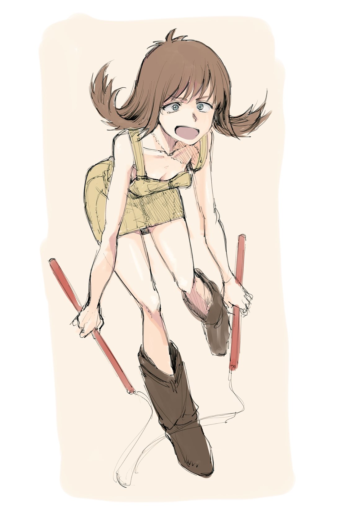 1girl boots breasts brown_hair dress final_fantasy final_fantasy_viii flipped_hair green_eyes highres kotoyama looking_at_viewer nunchaku open_mouth selphie_tilmitt short_hair simple_background skirt solo strap_slip weapon yellow_overalls yellow_skirt