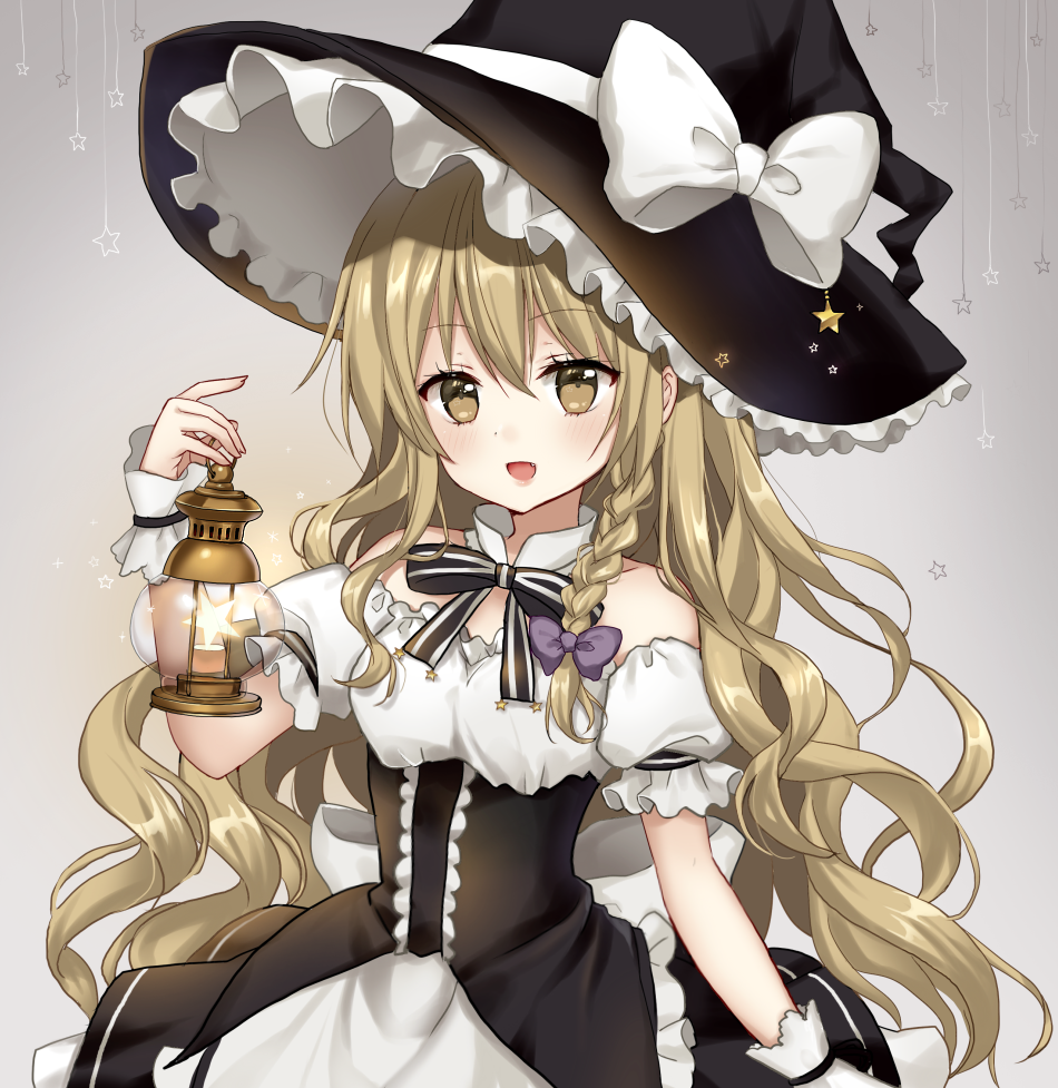 1girl :d apron bare_shoulders black_bow black_headwear black_neckwear black_skirt blonde_hair bow bowtie braid breasts brown_eyes commentary detached_collar frilled_apron frills grey_background hair_bow hand_up hat hat_bow holding holding_lantern kirisame_marisa lantern long_hair looking_at_viewer mayo_(miyusa) medium_breasts off-shoulder_shirt off_shoulder open_mouth petticoat puffy_short_sleeves puffy_sleeves purple_bow shirt short_sleeves simple_background single_braid skirt smile solo touhou upper_body waist_apron white_apron white_bow white_shirt witch_hat wrist_cuffs