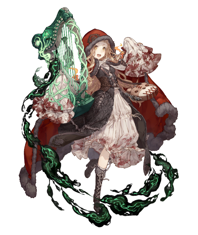 1girl :d bag blonde_hair blood bloody_clothes boots cross-laced_footwear dress frilled_dress frilled_sleeves frills full_body fur_trim high_heel_boots high_heels hood hood_up ji_no little_red_riding_hood_(sinoalice) looking_at_viewer lyre official_art open_mouth orange_eyes shoulder_bag sinoalice sleeves_past_wrists smile smoke solo transparent_background upper_teeth