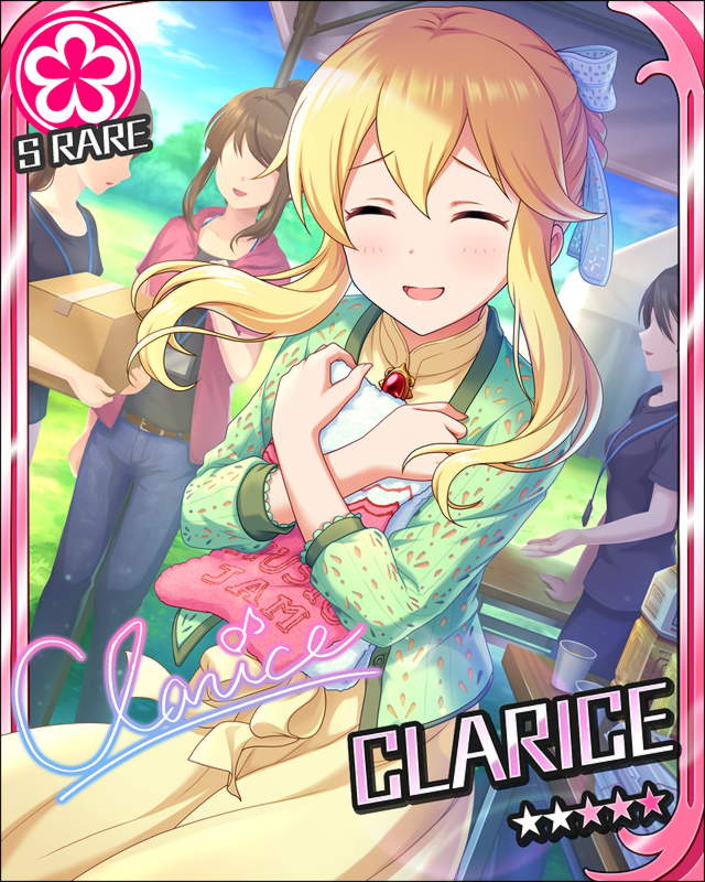 blonde_hair blush character_name clarice_(idolmaster) closed_eyes dress idolmaster idolmaster_cinderella_girls long_hair smile stars