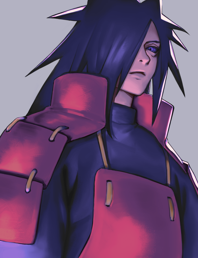 1boy armor black_hair closed_mouth grey_background hair_over_one_eye japanese_armor long_hair male_focus mi8pq naruto naruto_(series) pauldrons simple_background solo uchiha_madara violet_eyes