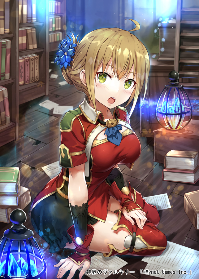 1girl :o ahoge blonde_hair blue_flower blush book breasts commentary_request dress eyebrows_visible_through_hair flower gabiran green_eyes hair_flower hair_ornament lamp large_breasts library looking_at_viewer official_art on_ground red_dress shinkai_no_valkyrie sitting solo tagme upper_teeth