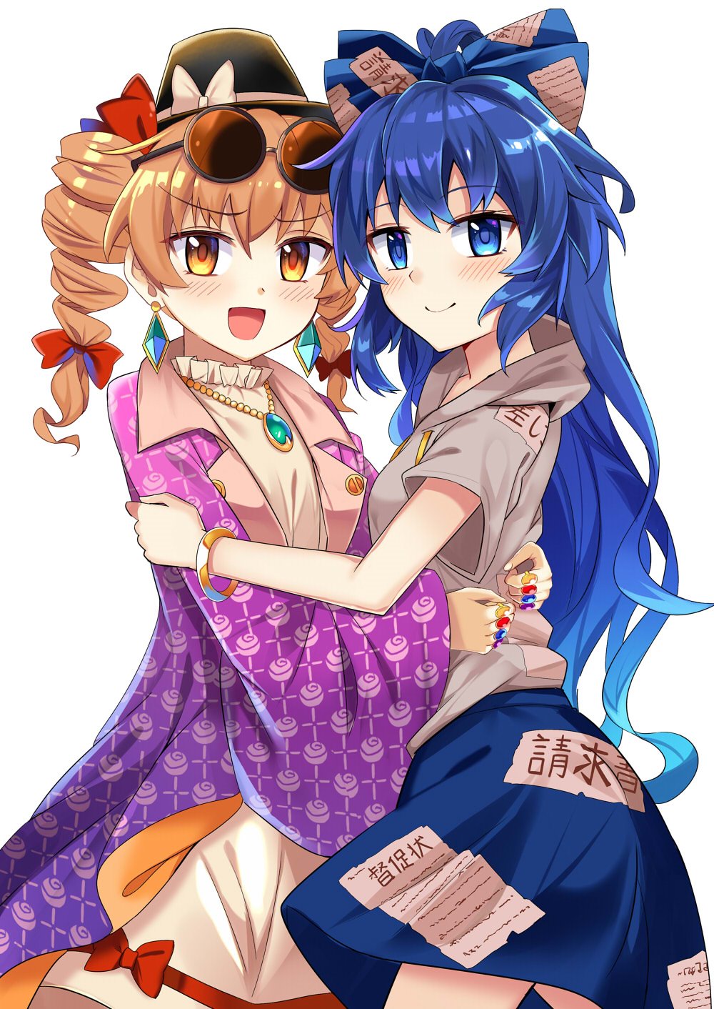 2girls :d bangs black_headwear blue_bow blue_eyes blue_hair blue_skirt blush bow coat commentary_request cowboy_shot debt drawstring dress drill_hair e.o. earrings eyebrows_visible_through_hair eyewear_on_head grey_hoodie hair_between_eyes hair_bow hat hat_bow highres hood hoodie hug jewelry long_hair long_sleeves looking_at_viewer mini_hat mini_top_hat miniskirt multiple_girls open_clothes open_coat open_mouth orange_eyes orange_hair pendant purple_coat red_bow ring round_eyewear short_hair short_sleeves siblings simple_background sisters skirt smile standing sunglasses top_hat touhou twin_drills twintails unmoving_pattern white_background white_bow white_dress wide_sleeves yorigami_jo'on yorigami_shion