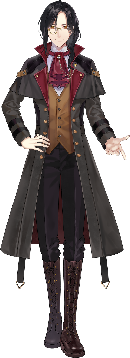 1boy bangs black_coat black_hair black_pants boots brown_footwear cross-laced_footwear fukahire_(ruinon) full_body hand_on_hip highres index_finger_raised lace-up_boots looking_at_viewer male_focus medium_hair monocle nijisanji official_art pants parted_bangs shellin_burgundy solo tachi-e tied_hair transparent_background trench_coat virtual_youtuber yellow_eyes