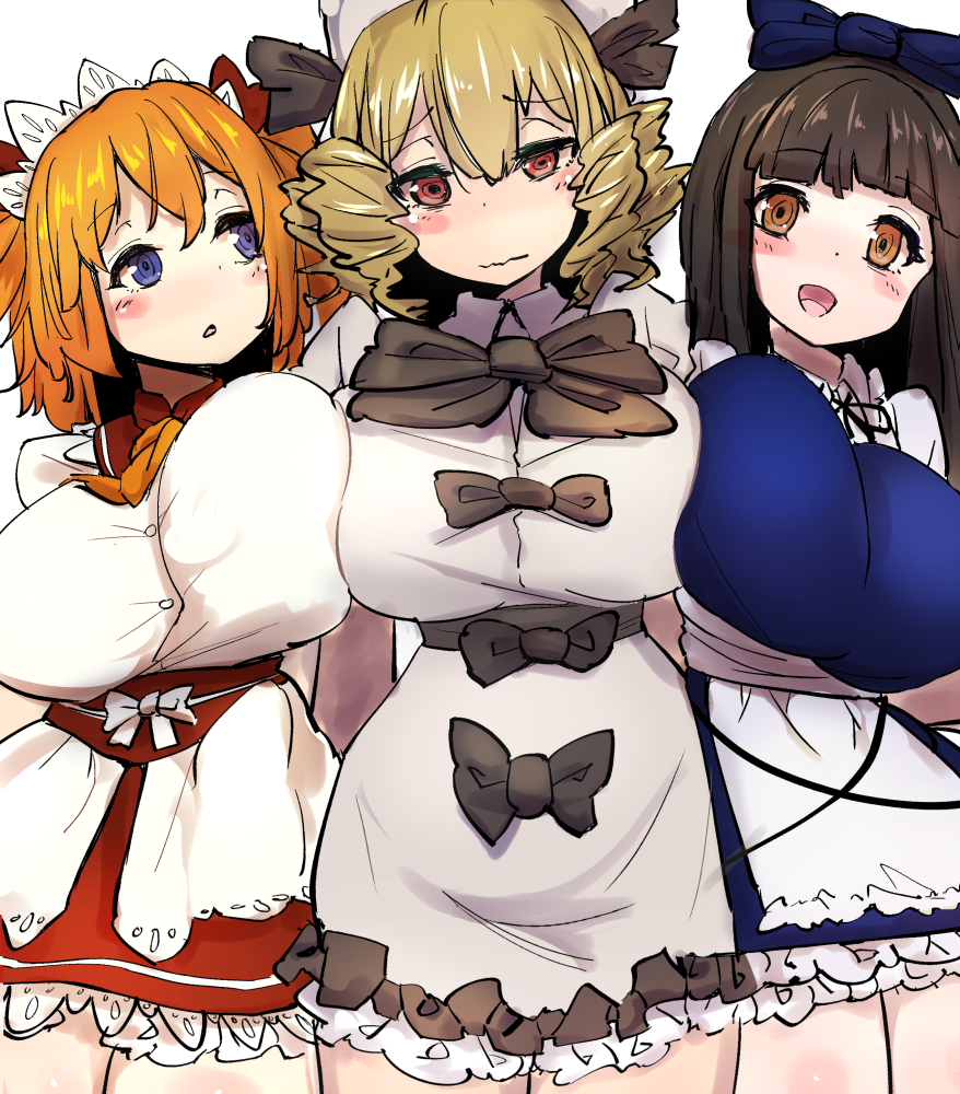 3girls alternate_breast_size bangs blonde_hair blue_bow blue_dress blue_eyes blunt_bangs blush bow breast_squeeze breasts brown_eyes brown_hair dress drill_hair frilled_dress frills girl_sandwich hair_bow hat huge_breasts long_hair looking_at_viewer luna_child multiple_girls older open_mouth red_eyes sandwiched short_hair short_sleeves skirt smile star_sapphire sunny_milk torso_(hjk098) touhou