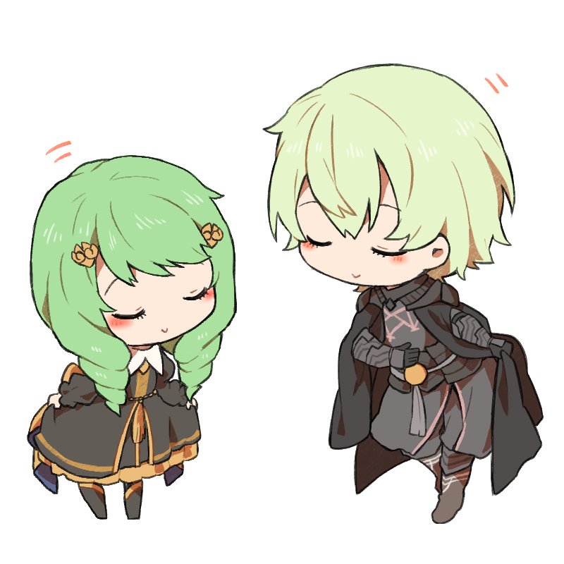 1boy 1girl armor black_armor black_cape bowing byleth_(fire_emblem) byleth_eisner_(male) cape chibi closed_eyes closed_mouth curtsey fire_emblem fire_emblem:_three_houses flayn_(fire_emblem) garreg_mach_monastery_uniform green_hair hair_ornament long_hair long_sleeves short_hair shunrai simple_background smile uniform white_background