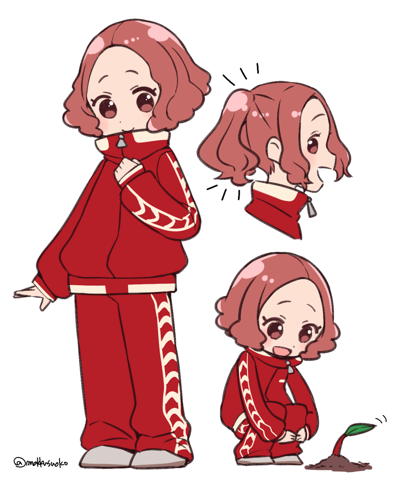 1girl :d brown_eyes brown_hair closed_mouth do_m_kaeru flat_color jacket long_sleeves multiple_views okumura_haru open_mouth pants persona persona_5 pikmin_(creature) pikmin_(series) profile red_jacket red_pants short_hair simple_background smile squatting standing track_jacket track_pants track_suit twitter_username white_background