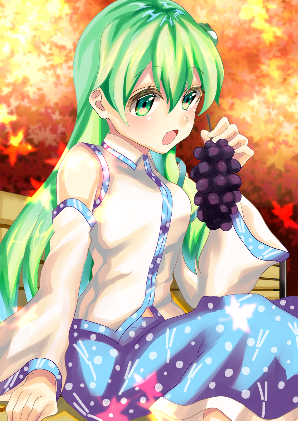 1girl autumn autumn_leaves bench blue_skirt blurry commentary_request day depth_of_field detached_sleeves eyebrows_visible_through_hair feet_out_of_frame food frog_hair_ornament fruit grapes green_eyes green_hair hair_between_eyes hair_ornament highres holding holding_food holding_fruit kochiya_sanae leaf long_hair looking_at_viewer maple_leaf open_mouth outdoors rizuyuki single_sidelock sitting skirt solo touhou very_long_hair vest white_vest