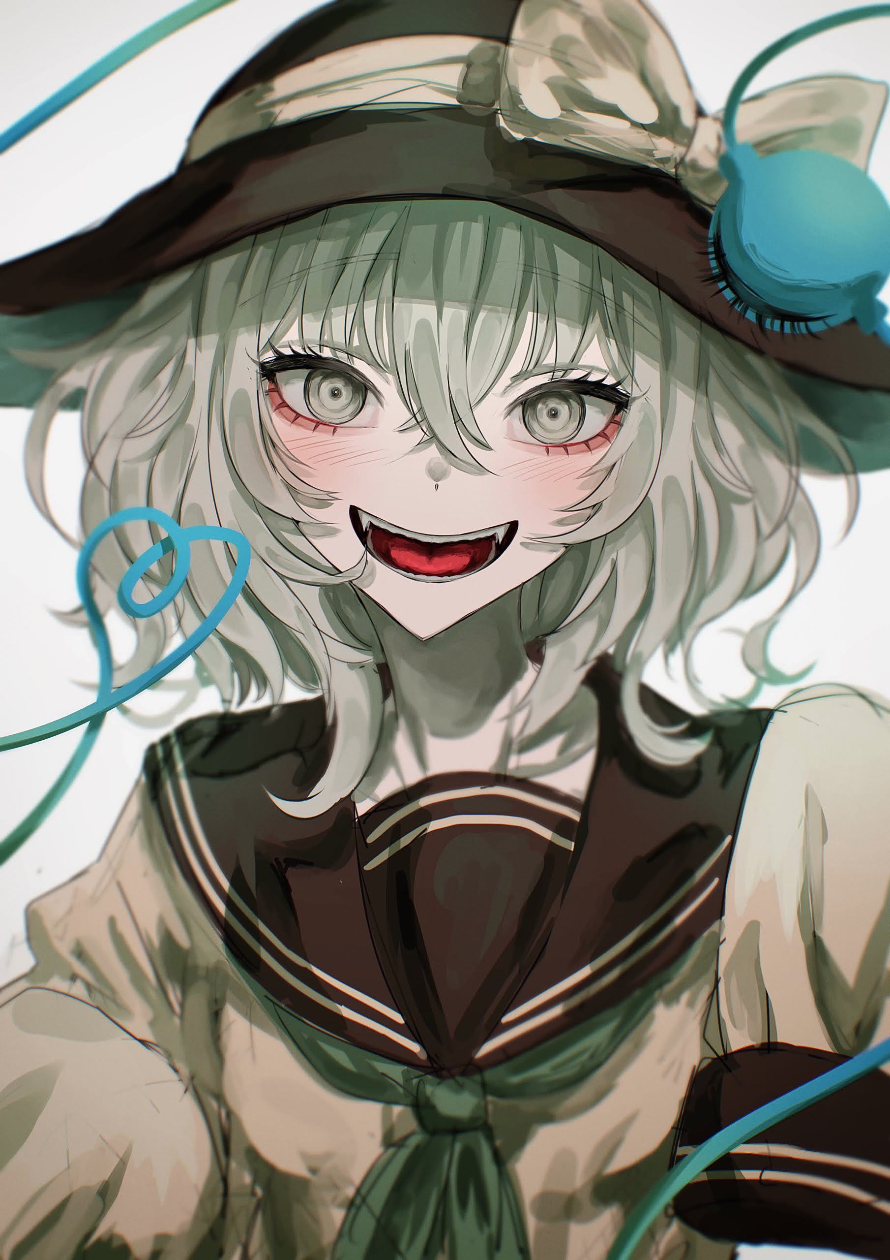 1girl absurdres bangs black_headwear blush bow collarbone commentary_request crazy_smile eyeball eyelashes flat_chest green_eyes green_hair green_ribbon hair_between_eyes hat hat_bow hat_ribbon heart heart_of_string highres komeiji_koishi long_sleeves looking_at_viewer lower_teeth open_mouth ribbon rin_(rin7kan7) sailor_collar short_hair simple_background smile standing teeth third_eye tongue touhou upper_body upper_teeth white_background yellow_bow yellow_ribbon yellow_serafuku