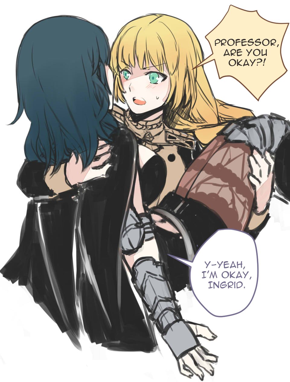 2girls armor blonde_hair braid byleth_(fire_emblem) byleth_eisner_(female) carrying english_text fire_emblem fire_emblem:_three_houses garreg_mach_monastery_uniform green_eyes highres ingrid_brandol_galatea long_hair long_sleeves medium_hair multiple_girls open_mouth pantyhose princess_carry simple_background u_nagidon uniform white_background