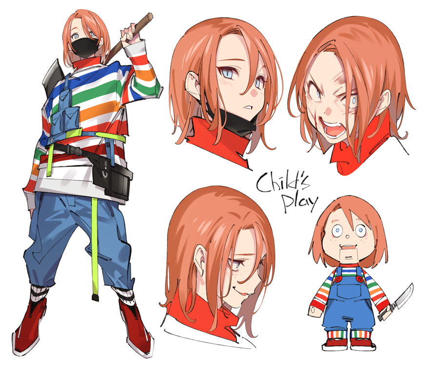 1boy axe blood blue_eyes character_sheet child's_play chucky copyright_name doll expressions freckles humanization knife male_focus mullet pop_kyun red_footwear shirt simple_background striped striped_shirt surgical_mask tool_belt white_background