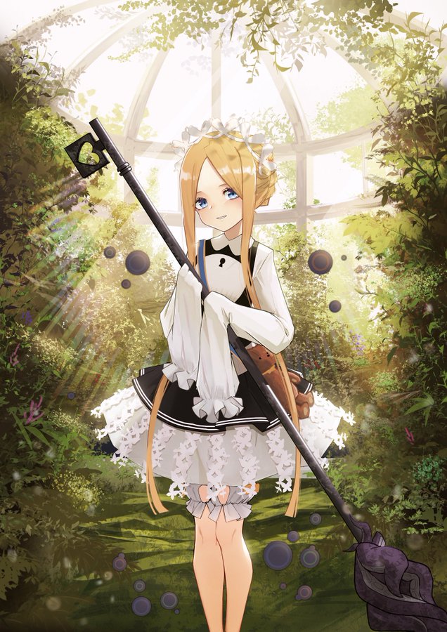 1girl abigail_williams_(fate/grand_order) bangs black_dress bloomers blue_eyes blush braid butterfly_hair_ornament commentary_request day dress dw eyebrows_behind_hair fate/grand_order fate_(series) forehead hair_ornament head_tilt heart heroic_spirit_festival_outfit keyhole long_hair long_sleeves looking_at_viewer parted_bangs parted_lips plant shirt sleeveless sleeveless_dress sleeves_past_fingers sleeves_past_wrists solo standing stuffed_animal stuffed_toy sunlight teddy_bear underwear very_long_hair white_bloomers white_shirt
