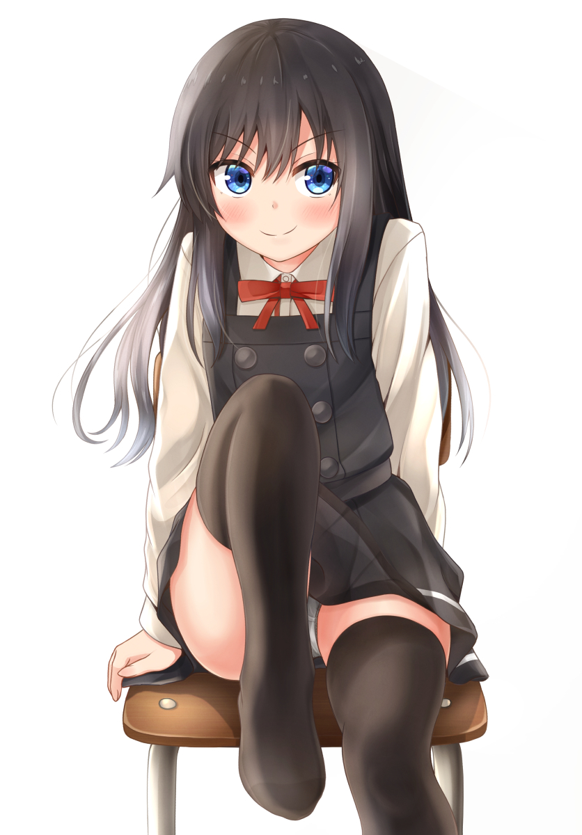 1girl asashio_(kantai_collection) belt black_hair black_legwear blue_eyes blush closed_mouth comiching dress eyebrows_visible_through_hair hair_between_eyes highres kantai_collection long_hair long_sleeves neck_ribbon on_chair panties pantyshot pantyshot_(sitting) pinafore_dress remodel_(kantai_collection) ribbon shirt simple_background sitting smile solo thigh-highs underwear white_background white_shirt