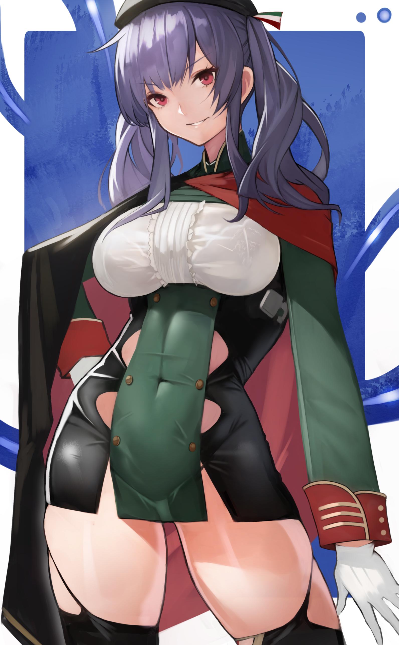 1girl 55level absurdres azur_lane bangs beret black_headwear black_legwear blush bra_through_clothes breasts cape commentary_request covered_navel eyebrows_visible_through_hair garter_straps gloves hair_ribbon hand_on_hip hat head_tilt highres large_breasts looking_at_viewer parted_lips pola_(azur_lane) purple_hair red_eyes ribbon sidelocks skindentation smile solo standing striped striped_ribbon teeth thigh-highs tied_hair twintails uniform white_gloves