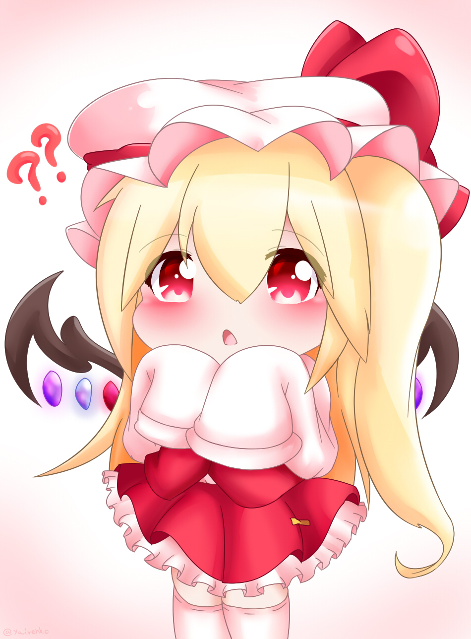 1girl ?? alternate_hair_length alternate_hairstyle arms_up blonde_hair blush chibi eyebrows_visible_through_hair flandre_scarlet gradient gradient_background hair_between_eyes hat hat_ribbon highres long_hair looking_at_viewer mob_cap open_mouth petticoat pink_background red_eyes red_skirt red_vest ribbon shirt side_ponytail skirt skirt_set sleeves_past_fingers sleeves_past_wrists solo thigh-highs touhou triangle_mouth very_long_hair vest white_headwear white_legwear white_shirt wings yairenko zettai_ryouiki