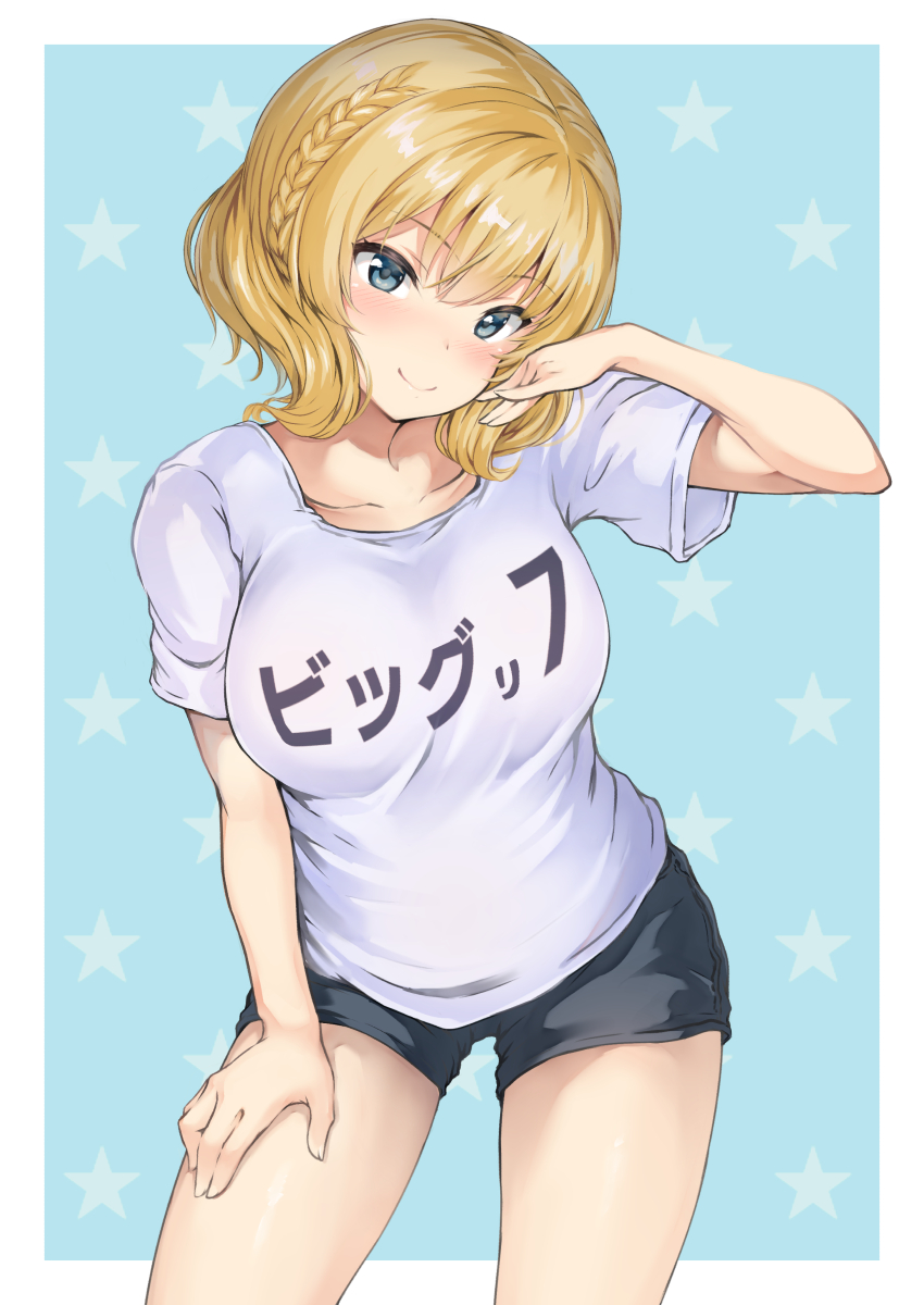 1girl alternate_costume blonde_hair blue_eyes blush breasts closed_mouth collarbone colorado_(kantai_collection) commentary_request cowboy_shot eyebrows_visible_through_hair highres kantai_collection large_breasts looking_at_viewer oonaka_ito shirt short_hair shorts side_braids simple_background smile solo thighs translated white_shirt
