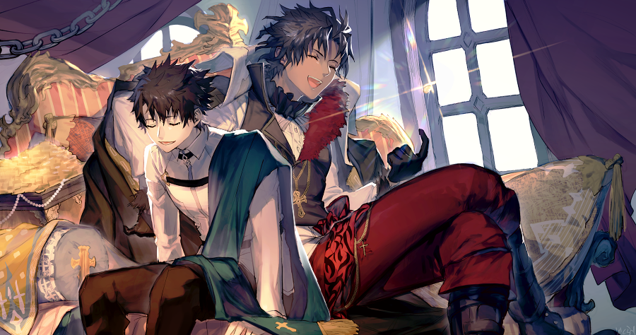 2boys bartholomew_roberts_(fate/grand_order) boots closed_eyes couch cross crossed_legs curtains dark_skin dark_skinned_male dokurabe fate/grand_order fate_(series) fujimaru_ritsuka_(male) gold male_focus multiple_boys pants pillow sitting smile treasure window