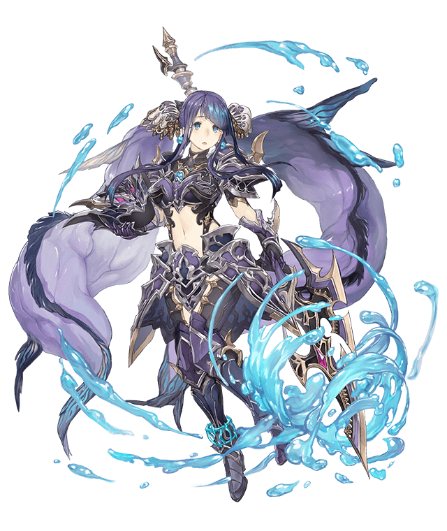 1girl absurdly_long_hair aqua_eyes armor armored_boots boots dragoon_(final_fantasy) faulds final_fantasy fins full_body gauntlets hair_ornament headwear_removed helmet helmet_removed holding holding_helmet ji_no long_hair looking_at_viewer navel ningyo_hime_(sinoalice) official_art polearm purple_hair shoulder_armor sinoalice solo spear transparent_background very_long_hair water weapon