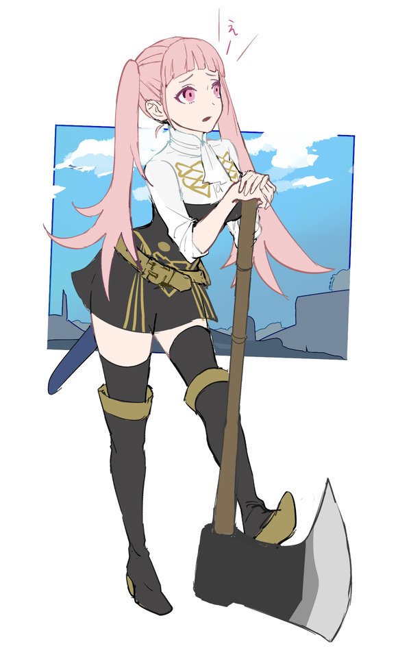 1girl axe belt black_legwear boots fire_emblem fire_emblem:_three_houses full_body garreg_mach_monastery_uniform hilda_valentine_goneril holding holding_axe long_hair mikami parted_lips pink_eyes pink_hair short_sleeves solo thigh-highs twintails uniform zettai_ryouiki