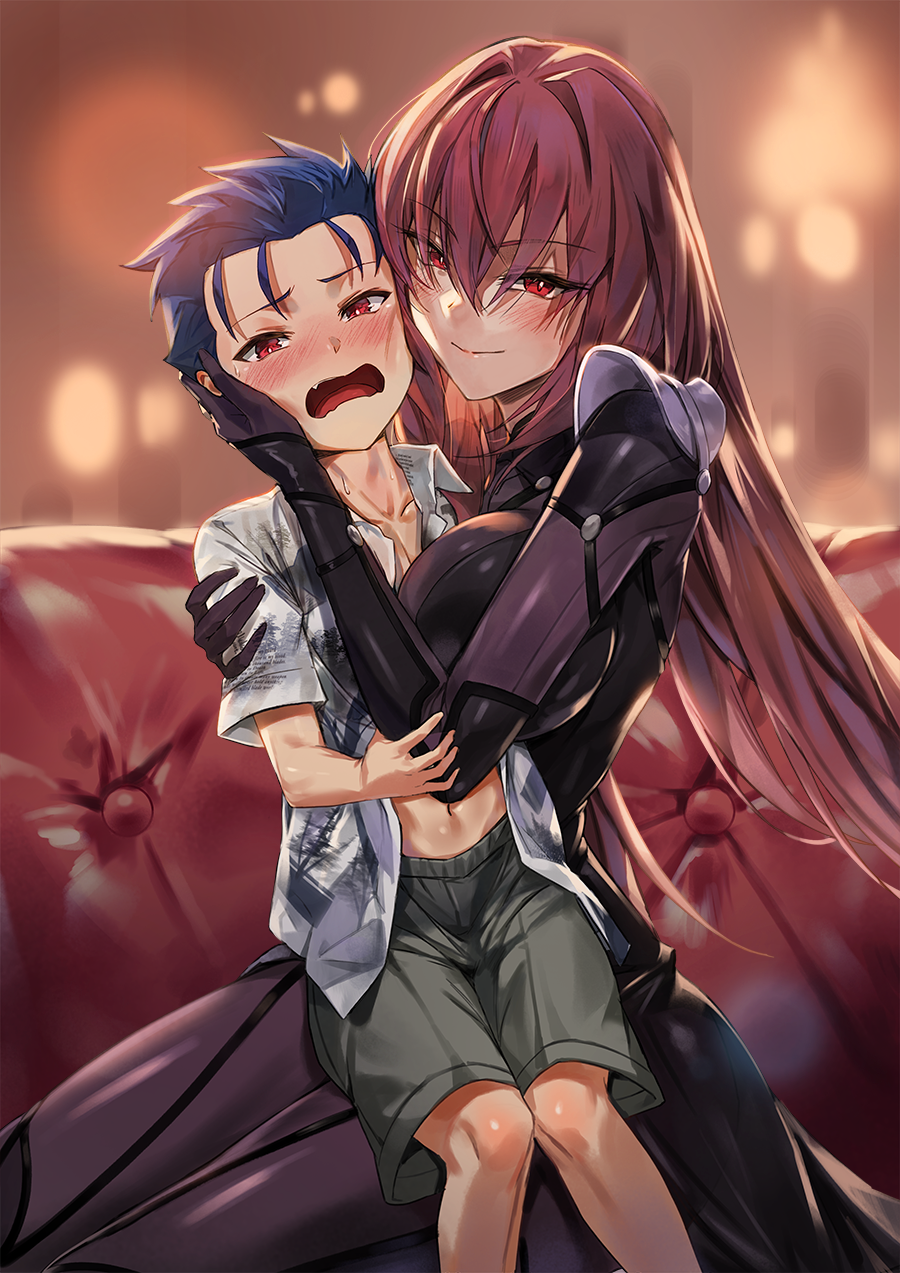 1boy 1girl bangs blue_hair blush bodysuit breasts commentary_request fang fate/grand_order fate_(series) highres hug lancer large_breasts long_hair looking_at_viewer navel open_mouth purple_bodysuit purple_hair rainmaker red_eyes revision scathach_(fate)_(all) scathach_(fate/grand_order) shorts sitting sweatdrop younger