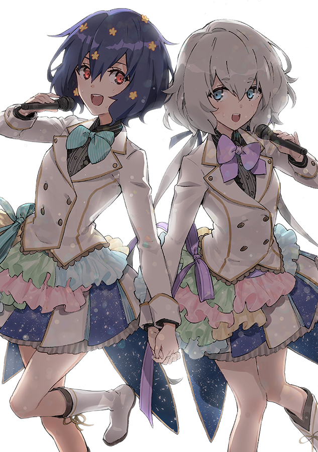 2girls bangs black_hair blue_eyes bow bowtie costume flower hair_flower hair_ornament hair_ribbon holding_hands konno_junko long_hair long_sleeves looking_at_viewer minakata_sunao mizuno_ai multiple_girls music open_mouth red_eyes ribbon short_hair simple_background singing smile twintails white_background white_hair zombie_land_saga