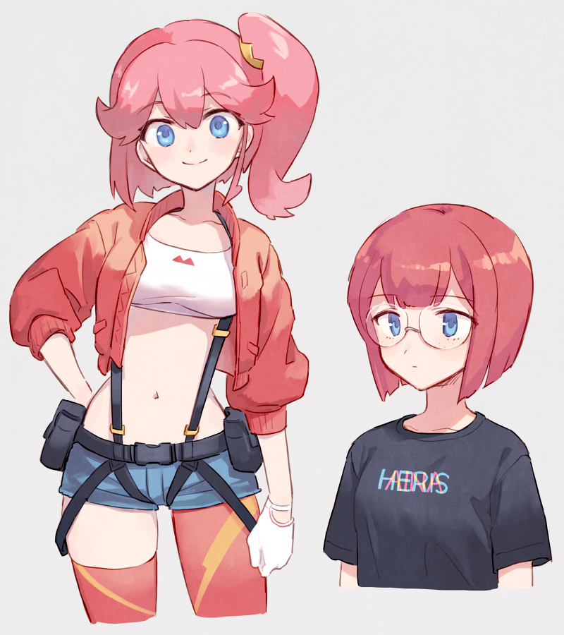 aina_ardebit asymmetrical_legwear belt_pouch blue_eyes breasts cropped_jacket glasses gloves hand_on_hip heris_ardebit jacket large_breasts midriff navel pink_hair pouch promare red_jacket red_legwear shirt short_hair siblings side_ponytail sisters soto suspenders t-shirt white_gloves