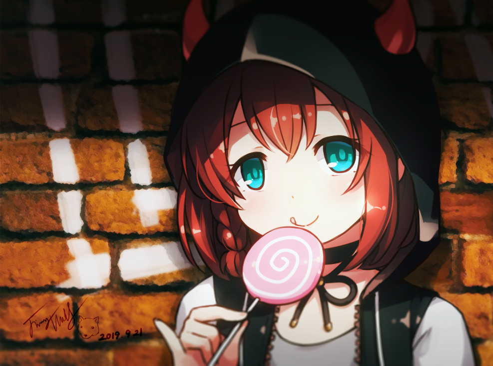 1girl :q bangs black_choker black_jacket blue_eyes braid brick_wall candy chibi choker closed_mouth dated eyebrows_behind_hair food grey_shirt hair_between_eyes hand_up holding holding_food holding_lollipop hood hood_up hooded_jacket horned_hood horns jacket kurosawa_ruby langbazi lollipop love_live! love_live!_sunshine!! redhead shirt signature smile solo swirl_lollipop tongue tongue_out upper_body