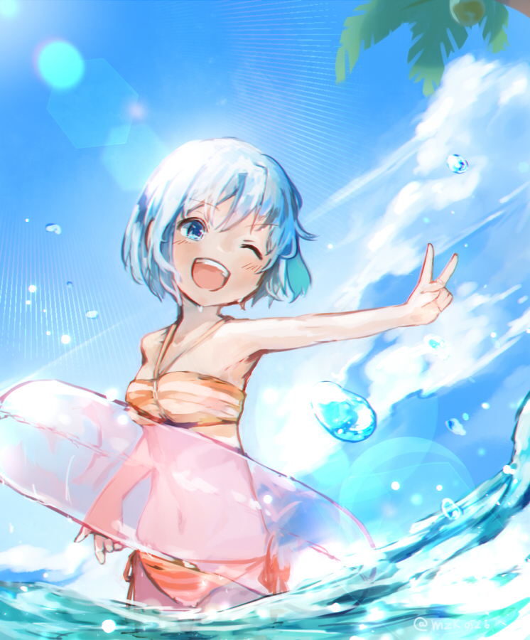 1girl bangs bikini blue_eyes blue_hair blue_sky mahou_shoujo_madoka_magica miki_sayaka mzk0526 navel one_eye_closed open_mouth palm_tree short_hair sky smile solo swimsuit tree twitter_username v water water_drop