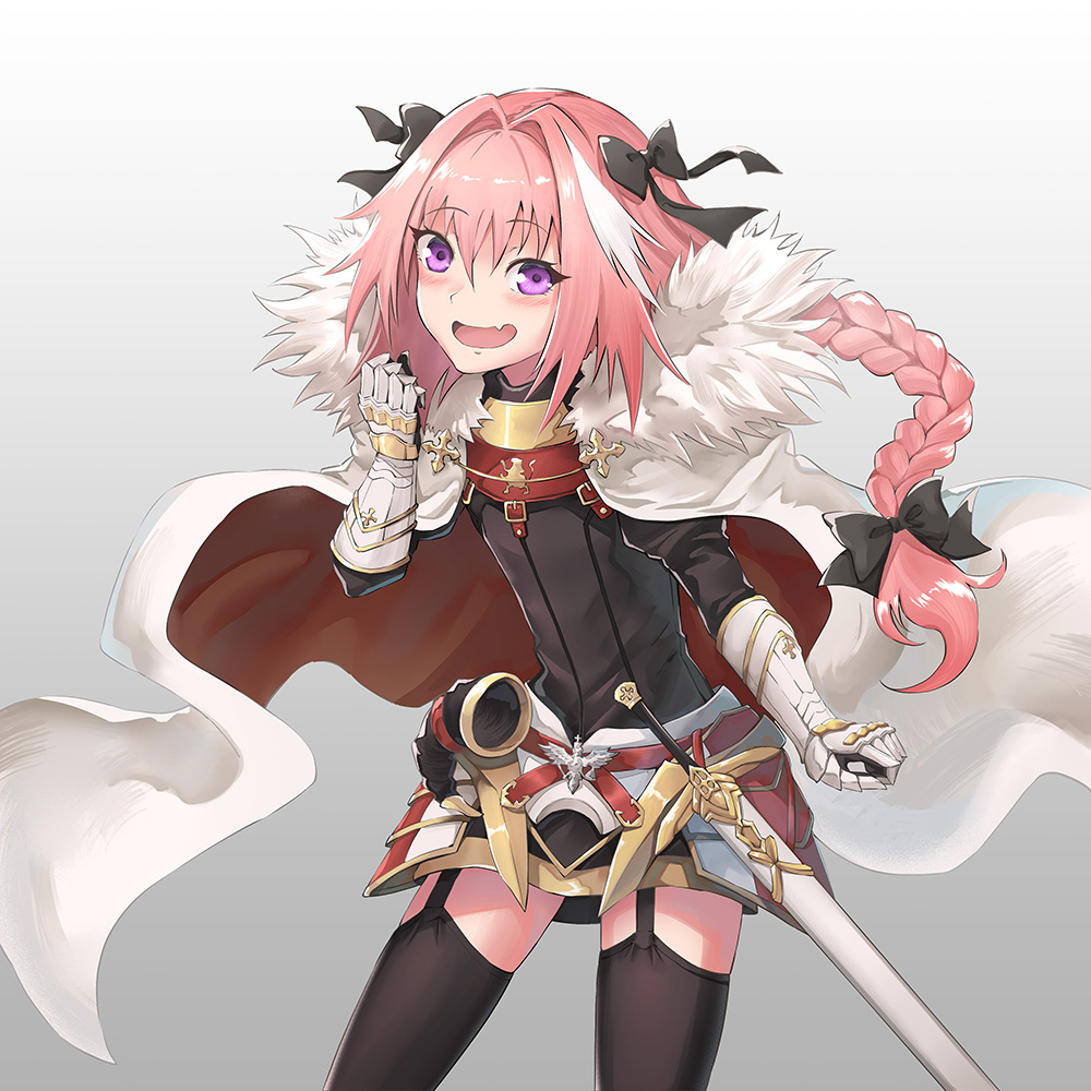 1boy armor astolfo_(fate) bangs black_bow black_shirt bow braid cloak eyebrows_visible_through_hair fang fate/apocrypha fate/grand_order fate_(series) faulds fur-trimmed_cloak fur_collar fur_trim garter_straps gauntlets hair_between_eyes hair_bow heart long_hair long_sleeves looking_at_viewer male_focus multicolored_hair open_mouth otoko_no_ko pink_hair shirt sidelocks single_braid smile solo streaked_hair thigh-highs very_long_hair violet_eyes white_cloak white_hair yuki7128