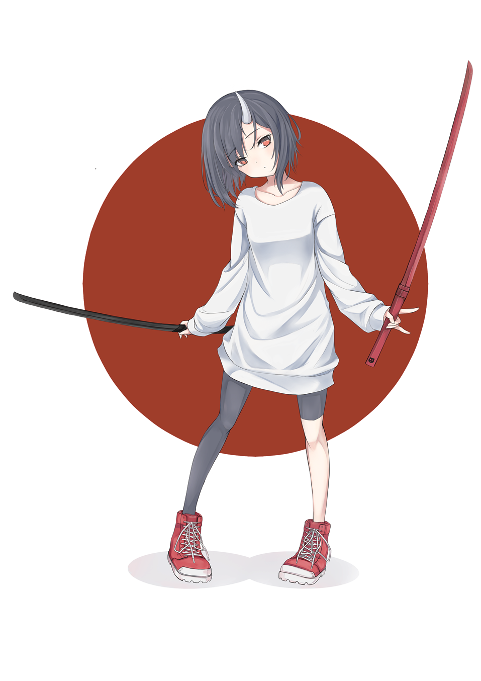 1girl bangs black_hair breasts collarbone commentary_request eyebrows_visible_through_hair full_body highres holding holding_sword holding_weapon horn katana long_sleeves looking_at_viewer n15e original red_eyes red_footwear shoes short_hair simple_background sleeves_past_wrists small_breasts solo standing sweater sword uniform weapon white_sweater