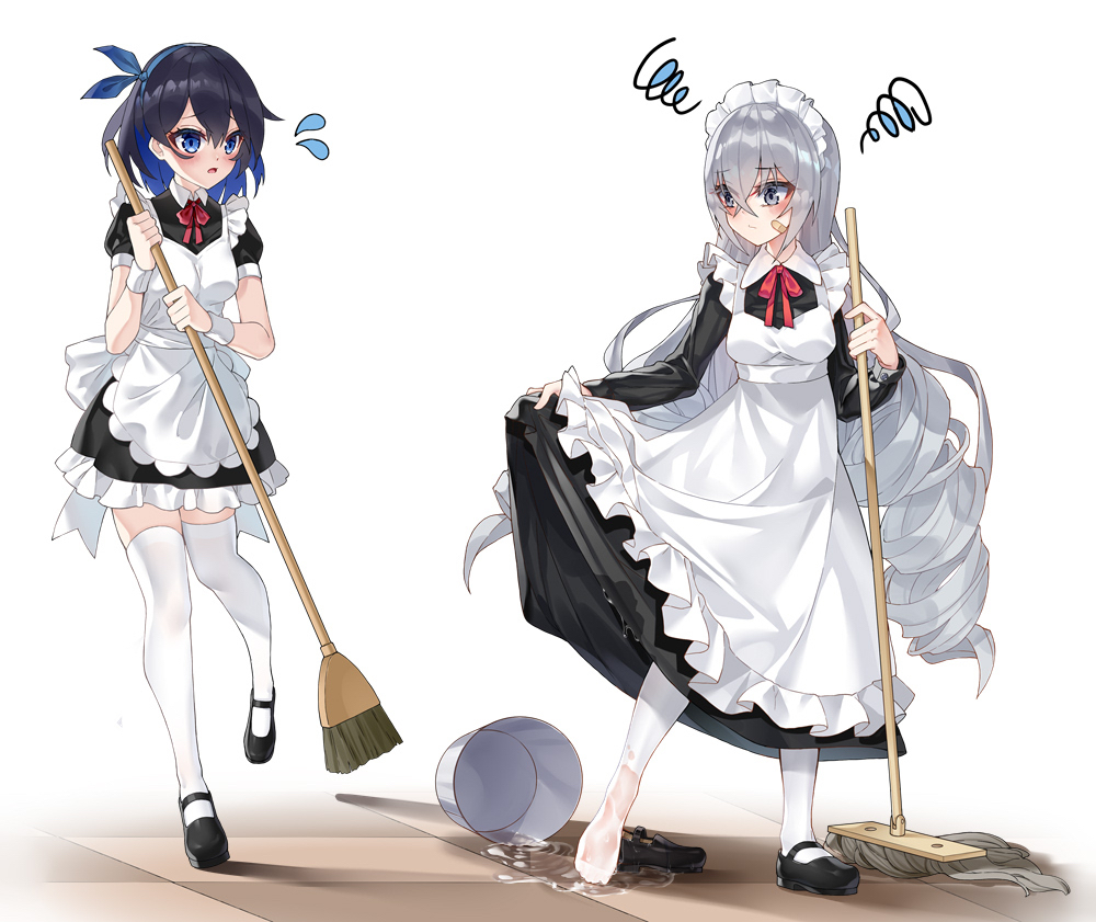 :o apron bangs black_dress blue_eyes blue_hair blush breasts bronya_zaychik broom commentary_request dress drill_hair eyebrows_visible_through_hair full_body ginklaga grey_eyes hair_between_eyes hair_ornament hairband holding holding_broom honkai_(series) honkai_impact_3rd long_hair long_sleeves looking_at_viewer maid_apron maid_dress maid_headdress medium_breasts multiple_girls puffy_short_sleeves puffy_sleeves red_ribbon ribbon seele_vollerei short_dress short_hair short_sleeves silver_hair thigh-highs twin_drills white_legwear