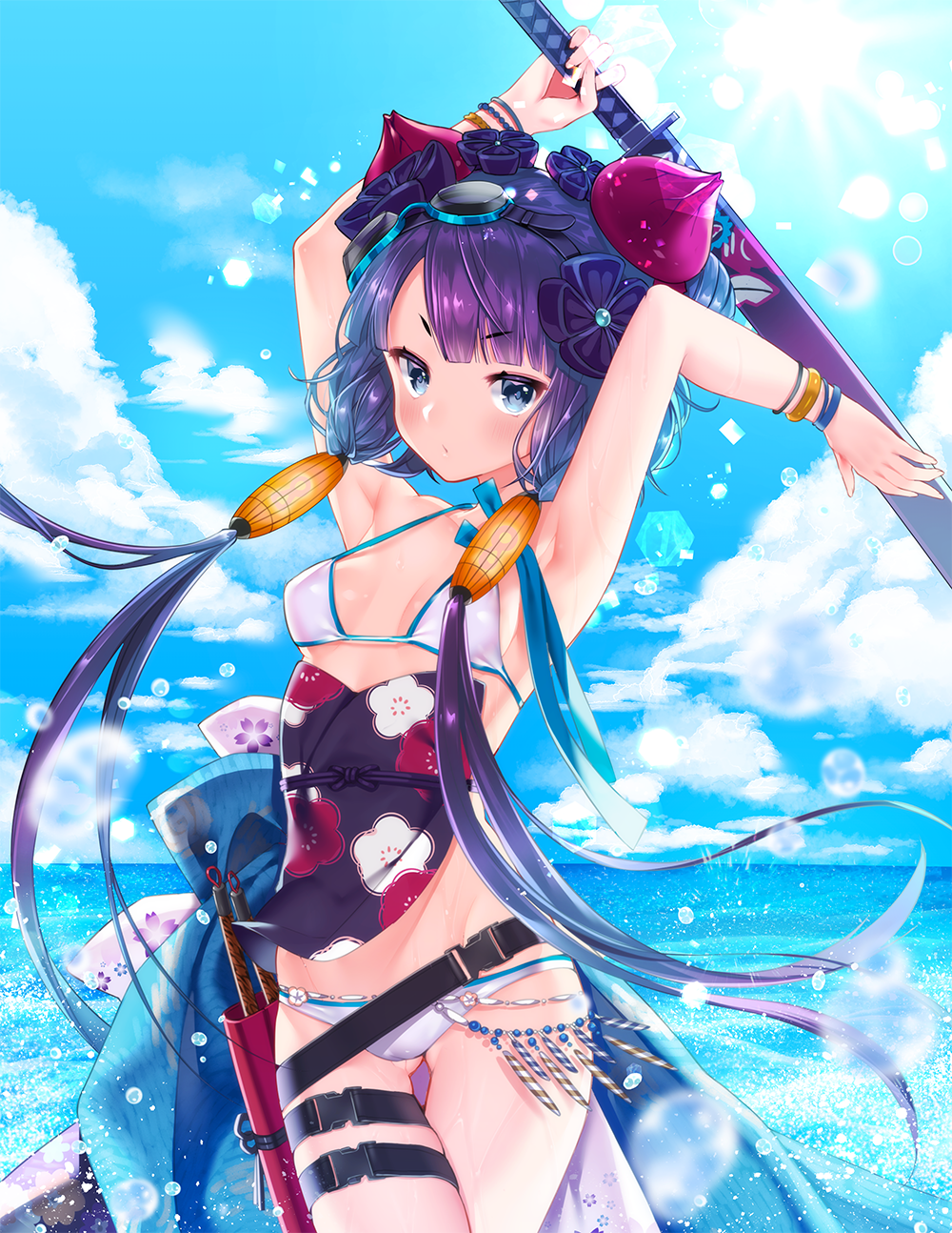 1girl ass_visible_through_thighs bikini bracelet buckle clouds commentary_request fate/grand_order fate_(series) floral_print flower goggles goggles_on_head haiba_09 hair_flower hair_ornament highres holding holding_sword holding_weapon jewelry katana katsushika_hokusai_(fate/grand_order) katsushika_hokusai_(swimsuit_saber)_(fate) long_hair purple_hair sash solo swimsuit sword twintails very_long_hair water water_drop weapon white_bikini