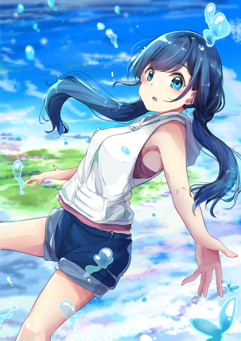 1girl amano_hina_(tenki_no_ko) bangs bare_arms bare_shoulders blue_eyes blue_hair blue_shorts blue_sky blurry blurry_background blush breasts clouds commentary_request day depth_of_field eyebrows_visible_through_hair hood hood_down hooded_jacket jacket long_hair looking_at_viewer low_twintails minato_yu outdoors parted_lips short_shorts shorts sky sleeveless sleeveless_jacket small_breasts solo tenki_no_ko twintails very_long_hair water_drop white_jacket zipper_pull_tab