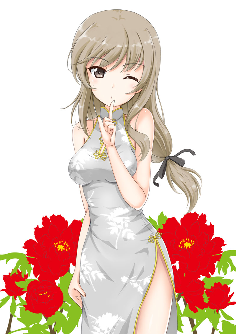 1girl bangs brown_eyes china_dress chinese_clothes dress finger_to_mouth flipper flower girls_und_panzer hair_ribbon index_finger_raised light_brown_hair long_hair one_eye_closed plant ribbon shimada_chiyo shushing thighs tied_hair white_background