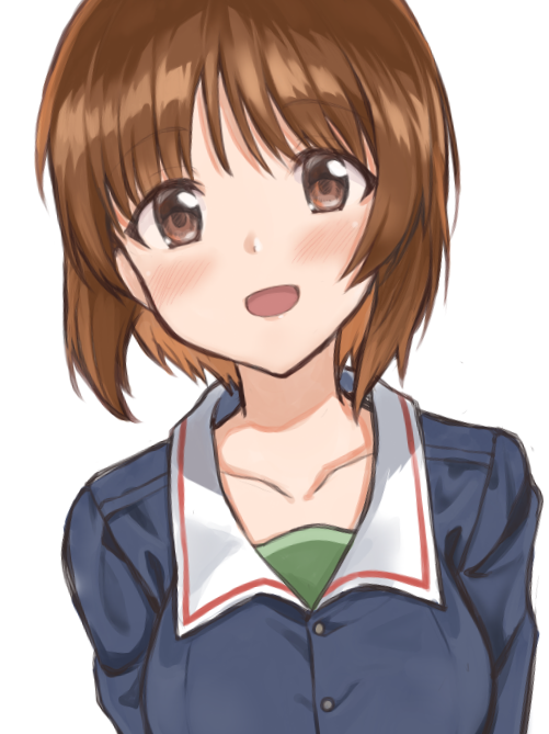 1girl bangs blue_shirt blush breasts brown_eyes brown_hair buttons collarbone collared_shirt girls_und_panzer head_tilt long_sleeves looking_at_viewer mamu_t7s medium_breasts nishizumi_miho ooarai_military_uniform open_mouth shirt short_hair simple_background smile solo upper_body white_background