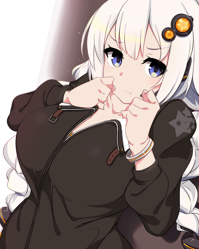 1girl black_coat blue_eyes bracelet braid breasts closed_mouth collarbone hair_ornament jewelry kizuna_akari kuro_mushi large_breasts long_hair long_sleeves looking_at_viewer pout solo twin_braids twintails upper_body voiceroid white_hair