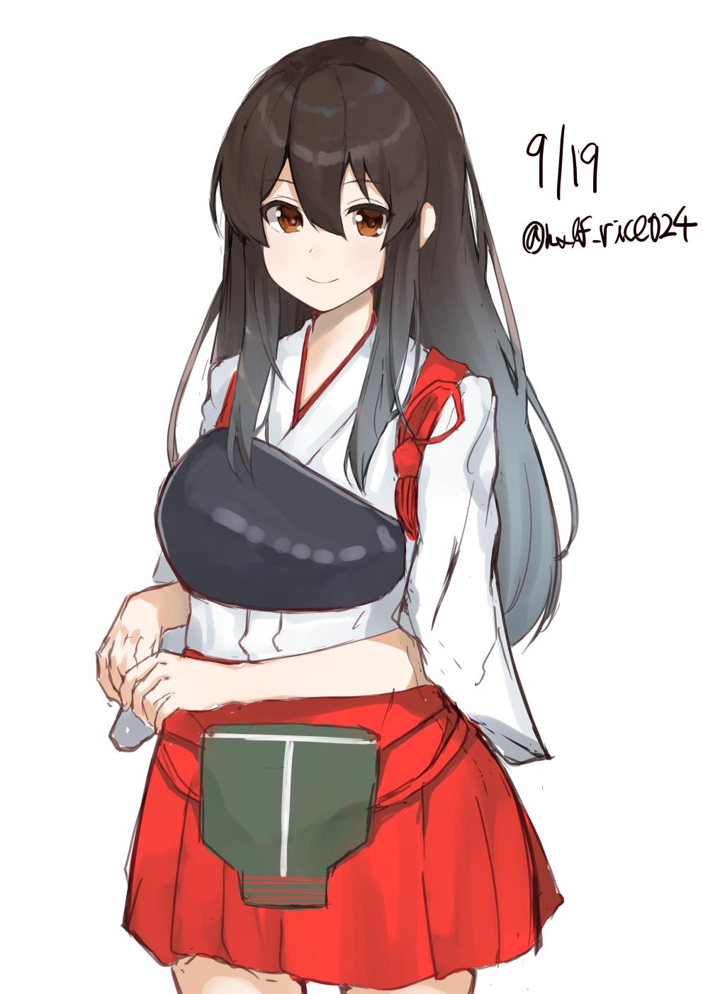 1girl akagi_(kantai_collection) apron black_hair brown_eyes cowboy_shot dated hakama hakama_skirt highres japanese_clothes kantai_collection long_hair looking_at_viewer muneate red_hakama shiina_aoi simple_background smile solo standing straight_hair tasuki twitter_username white_background