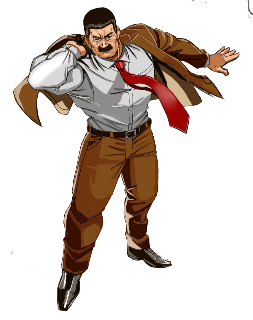 1boy belt black_eyes black_footwear black_hair brown_pants brown_suit dressing facial_hair final_fight formal full_body long_sleeves looking_at_viewer male_focus mike_haggar muscle mustache necktie pants red_neckwear shirt shoes simple_background solo standing suit taka_(takahirokun) white_background white_shirt