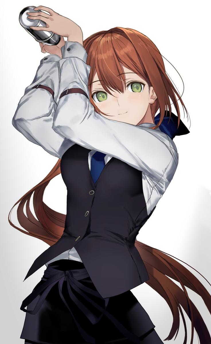 1girl alternate_costume bangs bartender black_skirt black_vest brown_hair closed_mouth girls_frontline green_eyes hair_ribbon highres long_hair long_sleeves looking_at_viewer m1903_springfield_(girls_frontline) nakamura_takeshi necktie ribbon shaker shirt skirt solo va-11_hall-a vest white_shirt