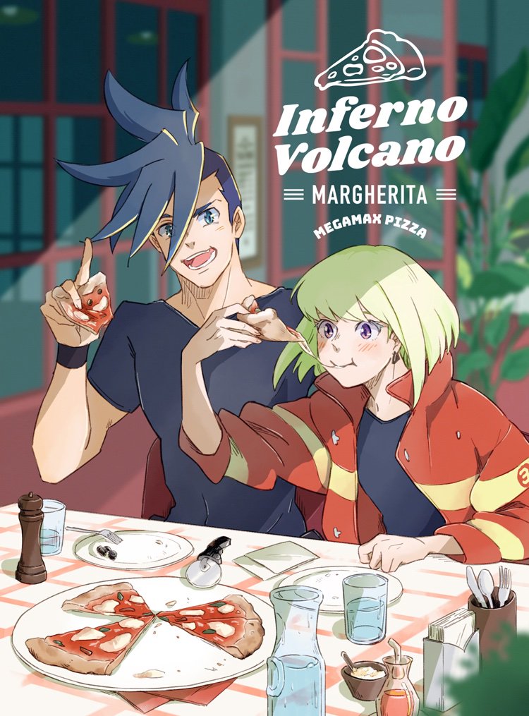 2boys blue_eyes blue_hair cafe cheese cheese_trail cup drink drinking_glass eating food galo_thymos green_hair holding holding_food holding_pizza jacket lio_fotia male_focus mmta_prm multiple_boys open_mouth pizza promare restaurant short_hair slice_of_pizza smile spiky_hair table violet_eyes