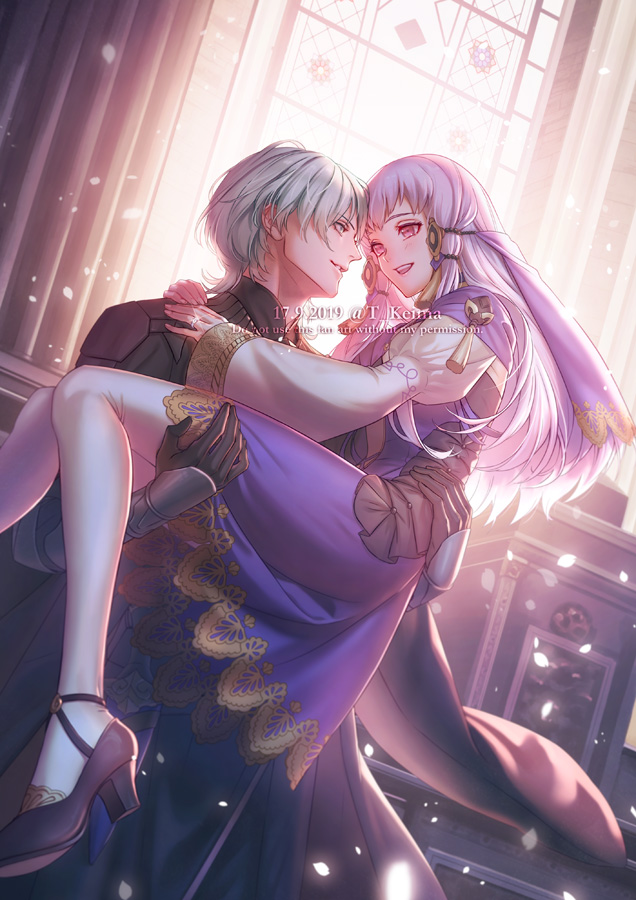 1boy 1girl armor black_armor byleth_(fire_emblem) byleth_eisner_(male) carrying dated dress fire_emblem fire_emblem:_three_houses green_eyes green_hair hair_ornament high_heels hug jewelry long_hair long_sleeves lysithea_von_ordelia parted_lips petals pink_eyes princess_carry ring short_hair t_keima twitter_username white_hair white_legwear