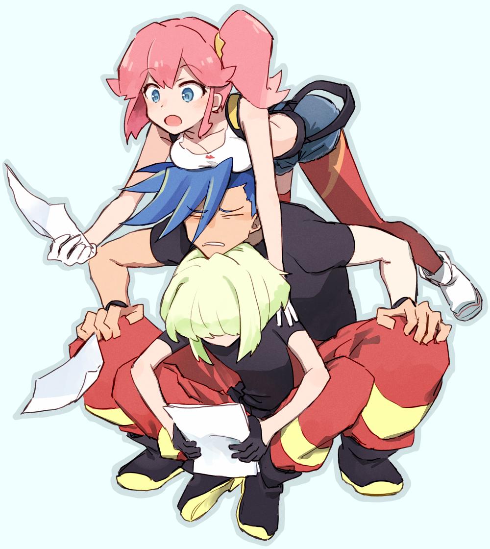 1girl 2boys aina_ardebit blue_eyes blue_hair breast_press closed_eyes galo_thymos gloves green_hair half_gloves lio_fotia multiple_boys open_mouth paper pink_hair promare short_hair shorts side_ponytail soto spiky_hair suspenders thigh-highs