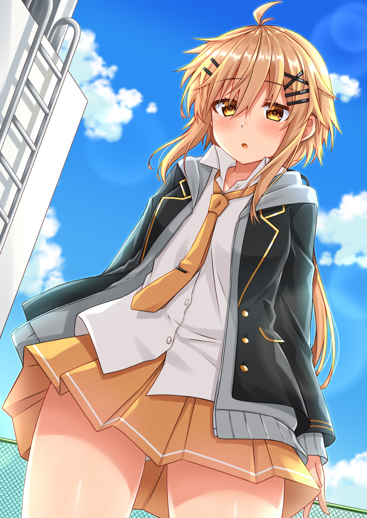 1girl ahoge bangs black_jacket black_ribbon blazer blonde_hair blue_sky blush brown_eyes brown_neckwear brown_skirt chain-link_fence clouds cloudy_sky collared_shirt commentary_request day dress_shirt eyebrows_visible_through_hair fence grey_jacket hair_between_eyes hair_ornament hair_ribbon hairclip hood hood_down hooded_jacket jacket komori_kuzuyu ladle long_hair long_sleeves looking_at_viewer low_ponytail nao_(kuzuyu) necktie open_blazer open_clothes open_jacket original outdoors panties parted_lips pleated_skirt ponytail ribbon shirt sidelocks skirt sky sleeves_past_wrists solo standing tie_clip underwear very_long_hair white_panties white_shirt x_hair_ornament
