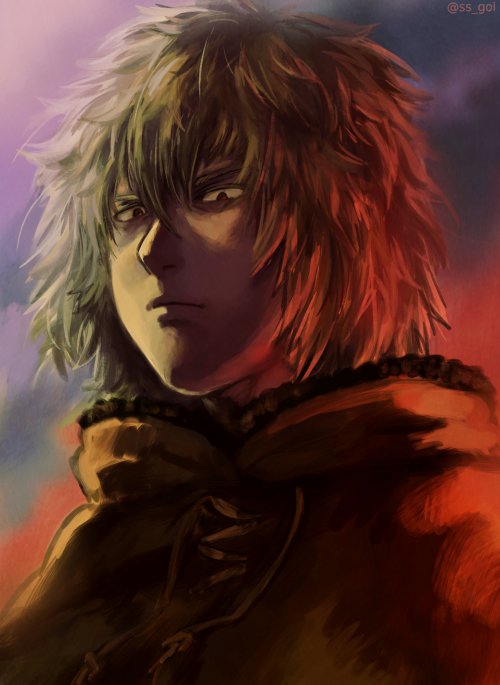 1boy blonde_hair brown_eyes clouds glaring hair_between_eyes male_focus outdoors portrait serious solo thorfinn twitter_username upper_body vinland_saga yoshigoi