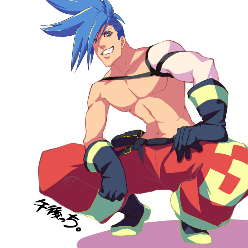 1boy belt belt_pouch black_gloves blue_eyes blue_hair boots chest full_body galo_thymos gloves gogocchi grin looking_at_viewer male_focus navel pants pouch promare red_pants shirtless simple_background smile spiky_hair squatting white_background