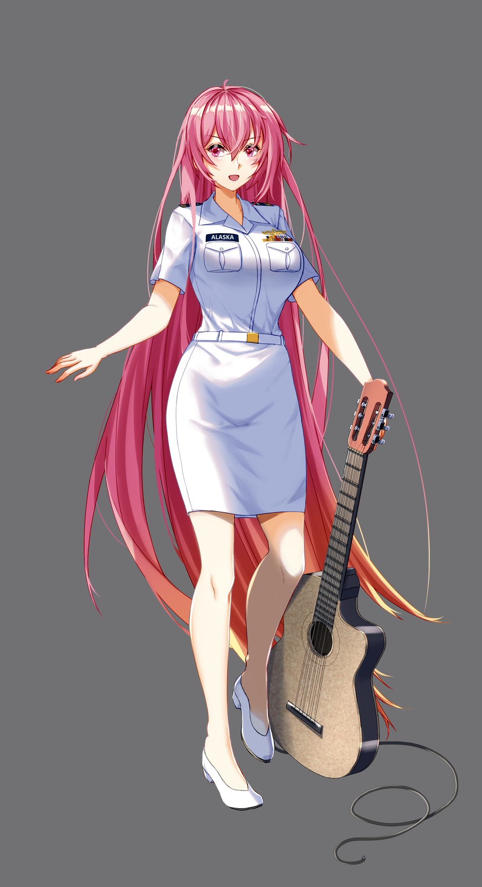 1girl alaska_(warship_girls_r) alternate_costume belt breast_pocket breasts full_body grey_background guitar highres instrument large_breasts long_hair military military_uniform name_tag naval_uniform pocket red_eyes redhead ryuuzouji_usagi shirt short_sleeves simple_background skirt solo standing uniform very_long_hair warship_girls_r white_belt white_footwear white_shirt white_skirt