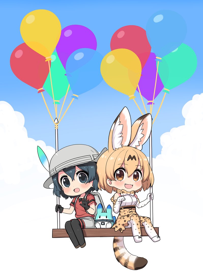 2girls :3 animal_ear_fluff animal_ears backpack bag balloon bare_shoulders black_gloves black_hair black_legwear blonde_hair blush bow bowtie clouds commentary_request elbow_gloves extra_ears eyebrows_visible_through_hair gloves hat_feather helmet high-waist_skirt kaban_(kemono_friends) kemono_friends looking_at_viewer lucky_beast_(kemono_friends) multiple_girls open_mouth pantyhose paw_pose pith_helmet print_gloves print_legwear print_neckwear print_skirt ransusan red_shirt serval_(kemono_friends) serval_ears serval_print serval_tail shirt short_hair short_sleeves shorts sitting skirt sky sleeveless swing t-shirt tail thigh-highs waving white_shirt yellow_eyes