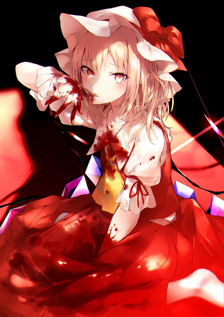1girl arm_up ascot bangs black_background blonde_hair blood blood_on_face bloody_clothes bloody_hands blush bow commentary_request crystal eyebrows_visible_through_hair feet_out_of_frame flandre_scarlet hair_between_eyes hat hat_bow looking_at_viewer mob_cap parted_lips pointy_ears puffy_short_sleeves puffy_sleeves red_bow red_eyes red_skirt red_vest sakusyo shirt short_hair short_sleeves sitting skirt solo touhou vest wariza white_headwear white_shirt wings wrist_cuffs yellow_neckwear