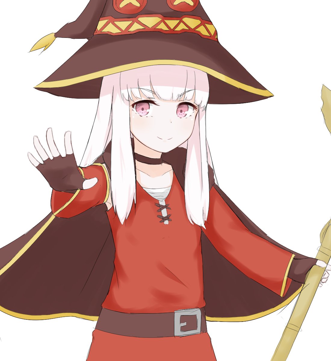 1girl belt chirun0 closed_mouth cosplay fingerless_gloves fire_emblem fire_emblem:_three_houses gloves hat highres kono_subarashii_sekai_ni_shukufuku_wo! long_hair lysithea_von_ordelia megumin megumin_(cosplay) pink_eyes simple_background smile solo white_background white_hair witch_hat