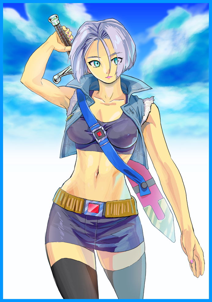 1girl blue_eyes blue_hair breasts closed_mouth clouds commentary_request dragon_ball dragon_ball_z genderswap genderswap_(mtf) isaki_(shimesaba) jacket nail_polish purple_hair short_hair skirt solo sword thigh-highs trunks_(future)_(dragon_ball) weapon